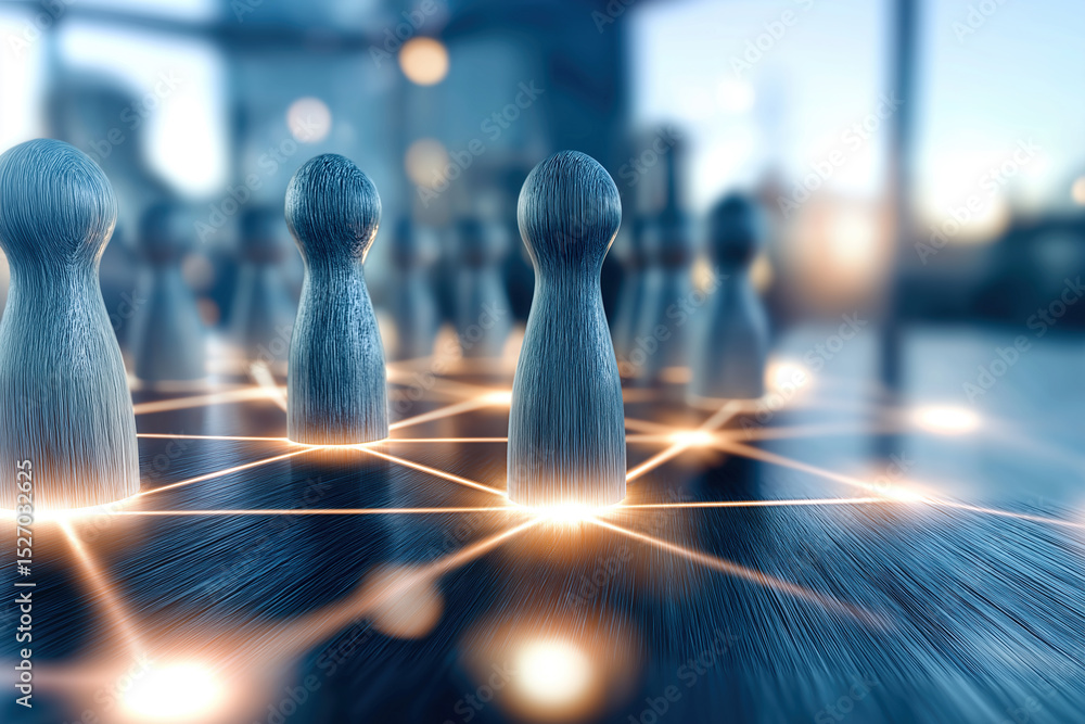 Poster chess pieces linked by bright digital lines conveying data connectivity and team interaction.