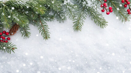 Christmas arrangement with evergreen boughs red berries snowflakes and pine cone on white background