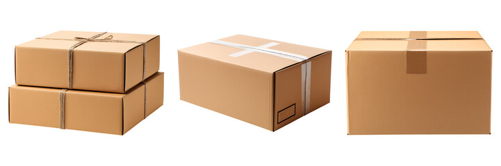 Set of cardboard shipping boxes isolated on transparent background
