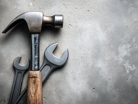 Vintage hammer and wrench on concrete background