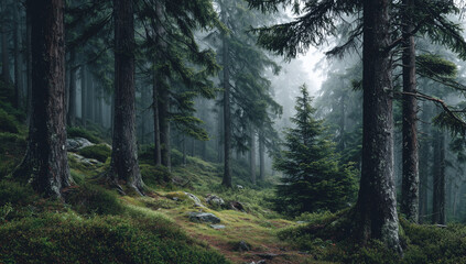 Misty forest with tall evergreen trees