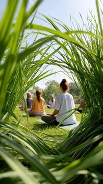 Women practicing yoga outdoors, surrounded by tall grass.