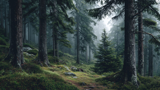 Misty forest with tall evergreen trees - Powered by Adobe