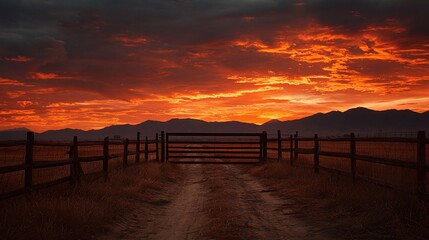 Rural sunset: Path to the horizon beneath a fiery sky. Mountains in the distance. The rustic gate stands sentinel.