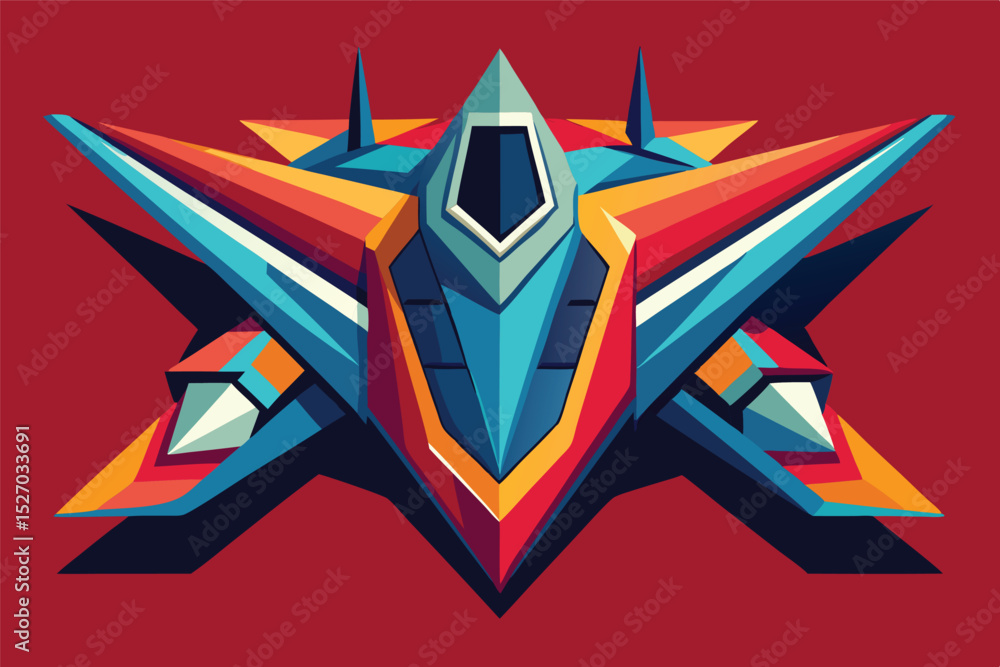 Poster Red futuristic spaceship or aircraft design in a geometric vector illustration style isolated against a blue background for retro space exploration concepts