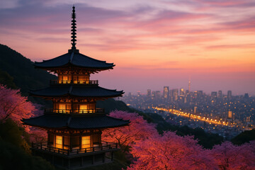 Obraz premium Traditional Japanese Pagoda Glowing Over City Skyline At Twilight Surrounded By Blooming Cherry Blossoms
