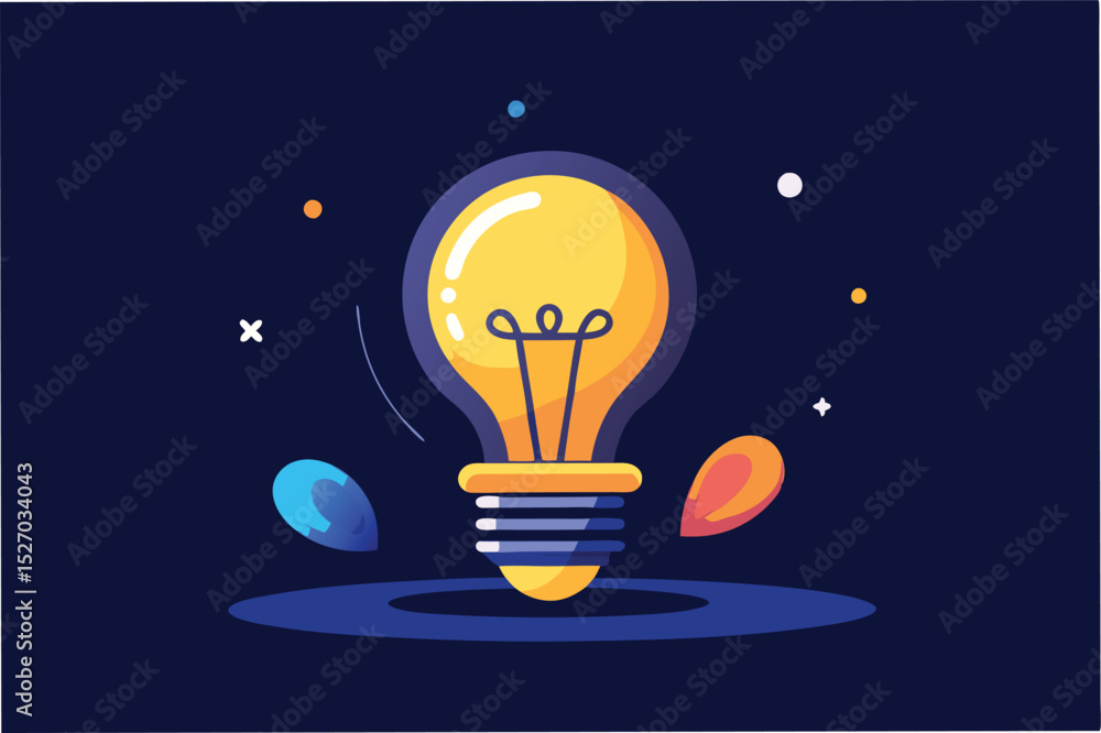 Poster Bright yellow lightbulb shining in the dark with leaves and sparkles representing a new idea or inspiration against a navy background