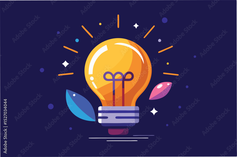 Poster Bright yellow lightbulb shining in the dark with leaves and sparkles representing a new idea or inspiration against a navy background