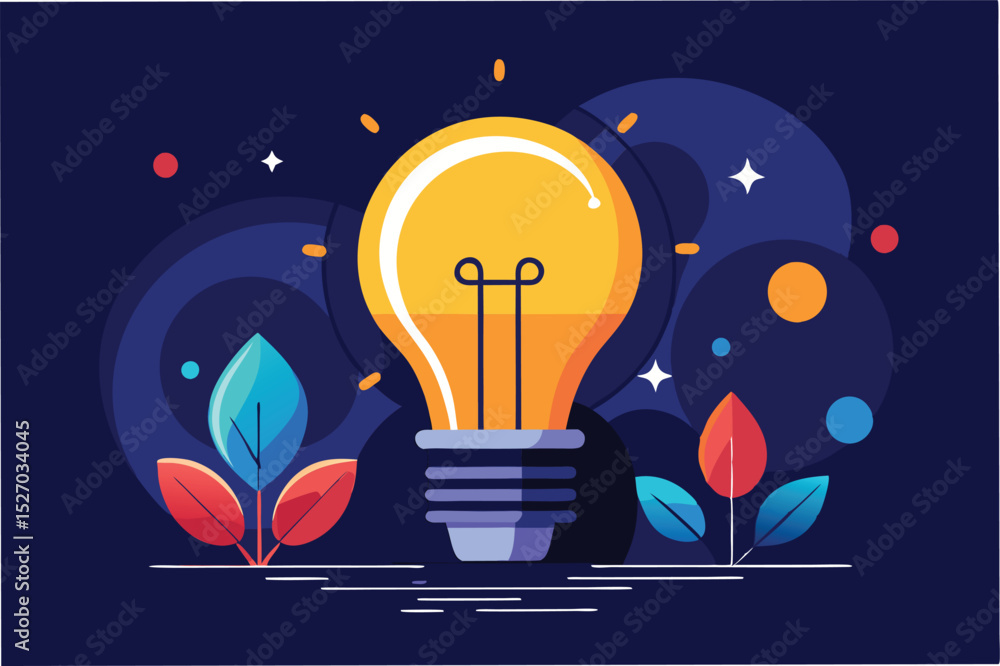 Poster Bright yellow lightbulb shining in the dark with leaves and sparkles representing a new idea or inspiration against a navy background