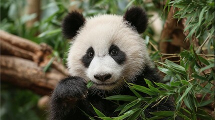 Panda portrait amidst foliage, showcasing its iconic black and white markings. A gentle giant enjoying its natural habitat.