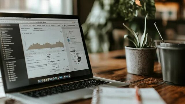 A modern workspace featuring a laptop displaying data analytics, paired with a coffee cup and a potted plant. Perfect for showcasing productivity and the remote work lifestyle.
