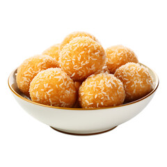 Indian coconut laddu sweets in a bowl isolated on transparent background