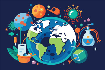 Naklejka premium Global pandemic recovery concept with science, medicine, and finance icons in dark blue background