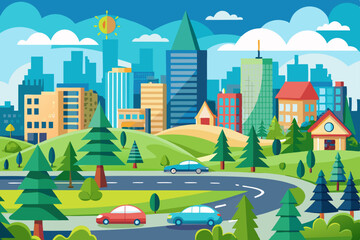 Cartoon vector illustration of a city landscape with houses, buildings, and trees under a summer sky