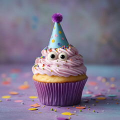 Adorable Birthday Cupcake with Googly Eyes & Party Hat
