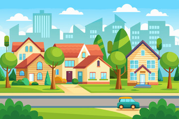 Naklejka premium Cartoon vector illustration of houses in a city and a village landscape with trees and sky