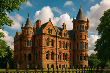Obraz premium Grand Victorian Mansion With Towers And Detailed Brickwork Lit By Sunlight Against Blue Sky