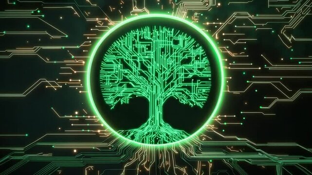 Neon tree of life formed from circuit board patterns glows within a round border