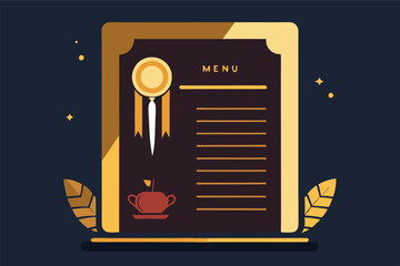 Elegant menu design featuring gold accents, menu title, item listings, award rosette, teapot illustration, leaf details, and dark background