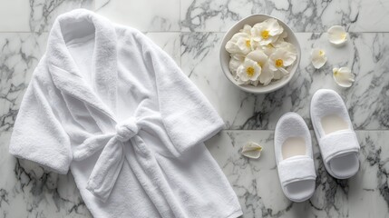 A plush white robe and slippers placed beside a rolled towel and a bowl of floating flower petals on marble tiles