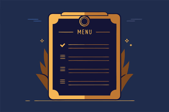 Elegant menu design featuring gold accents, menu title, item listings, award rosette, teapot illustration, leaf details, and dark background