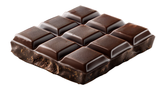 Dark chocolate square isolated on transparent background smooth glossy finish and scored lines