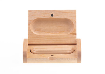 wooden computer flash drive isolated on white background