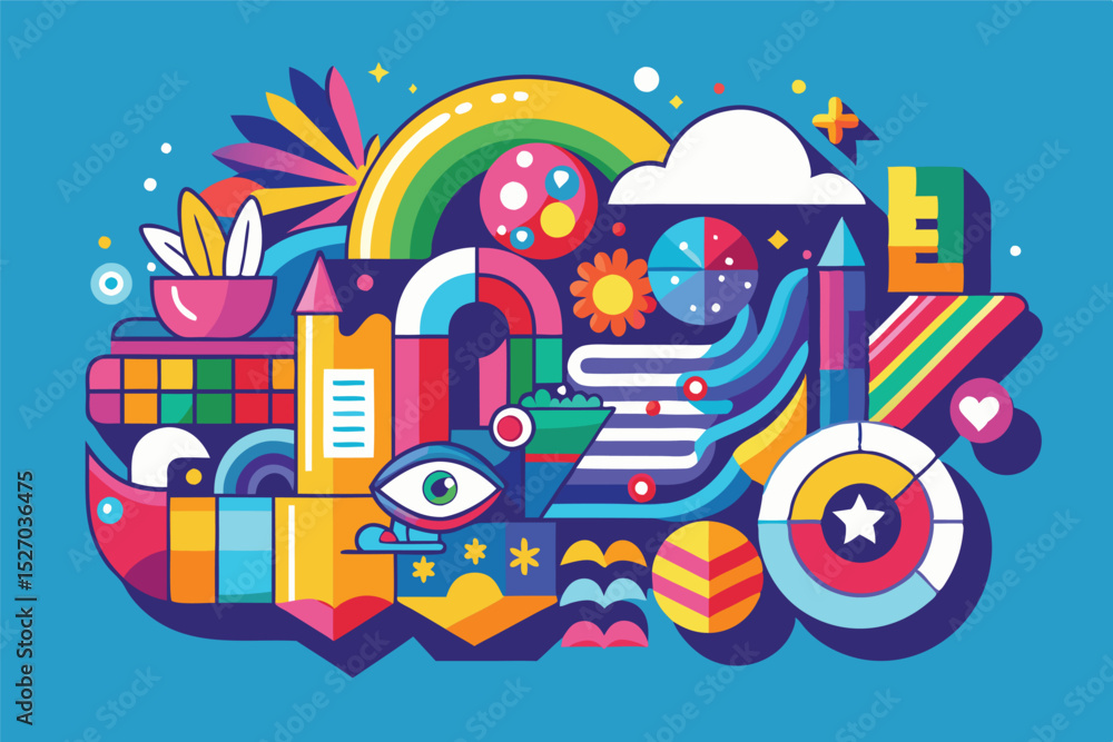 Poster Bright vector illustration of abstract colorful geometric shapes and objects in a whimsical composition, great for decoration and modern designs