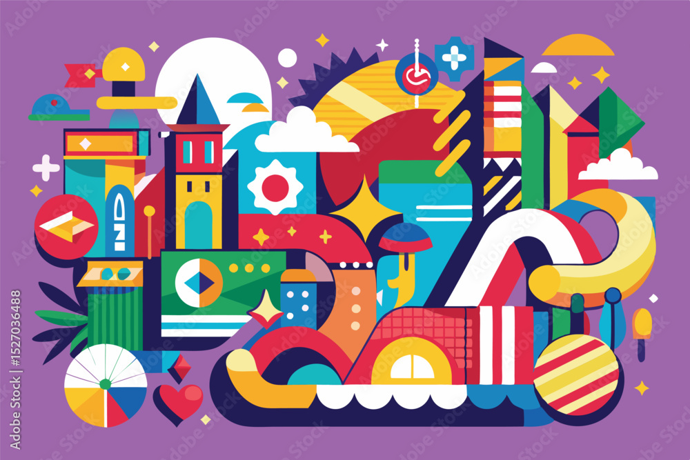 Poster bright vector illustration of abstract colorful geometric shapes and objects in a whimsical composit