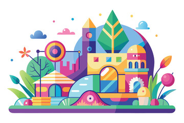Colorful abstract vector illustration of a modern playground in a park setting, featuring a castle with plants and decorative elements on a sunny day