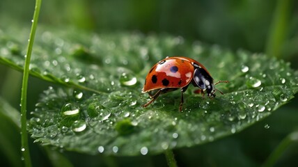 Ladybug on a dewy leaf