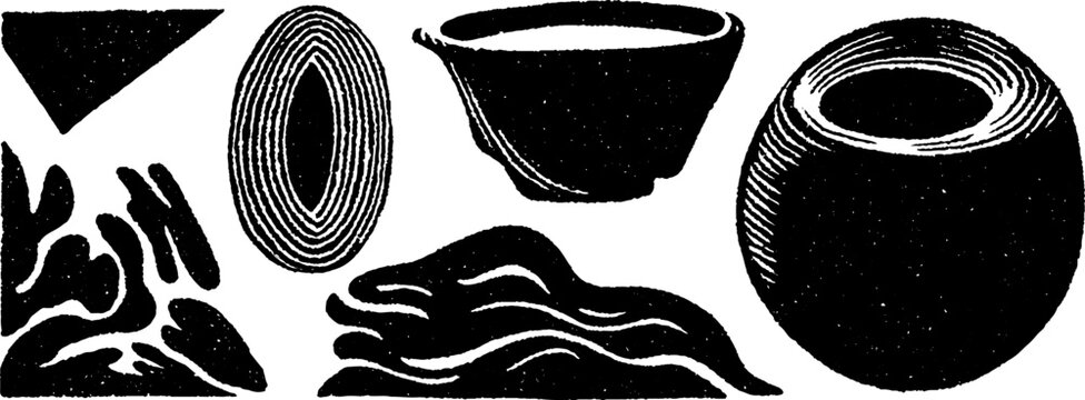 Folk art style illustration: hollow circle, textured shapes, and abstract designs for creative projects