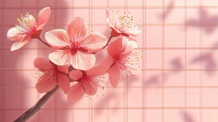 Delicate pink blossoms on a gridded background.