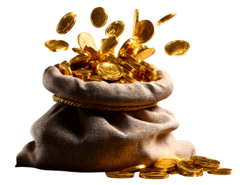 Gold coins spilling from bag, isolated on transparent background
