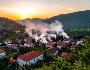 Panoramic sunset over village nestled in valley