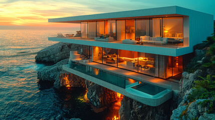 Modern minimalist beachfront house with glass walls