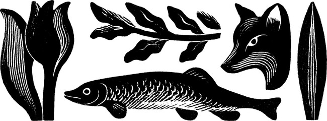 Neo folk art illustration set with fish and fox featuring nature elements for decorative design