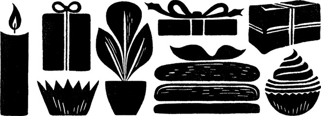 Neo folk art style birthday illustration set with candles and gifts