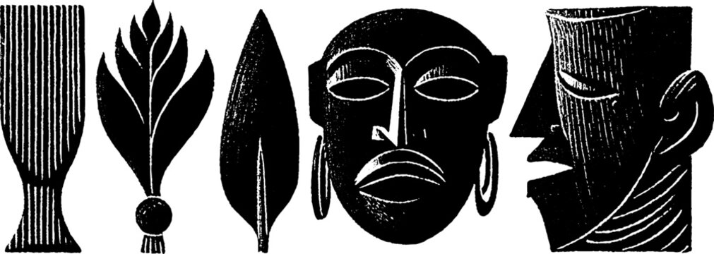 Neo folk art illustration set featuring symbolic african elements and faces