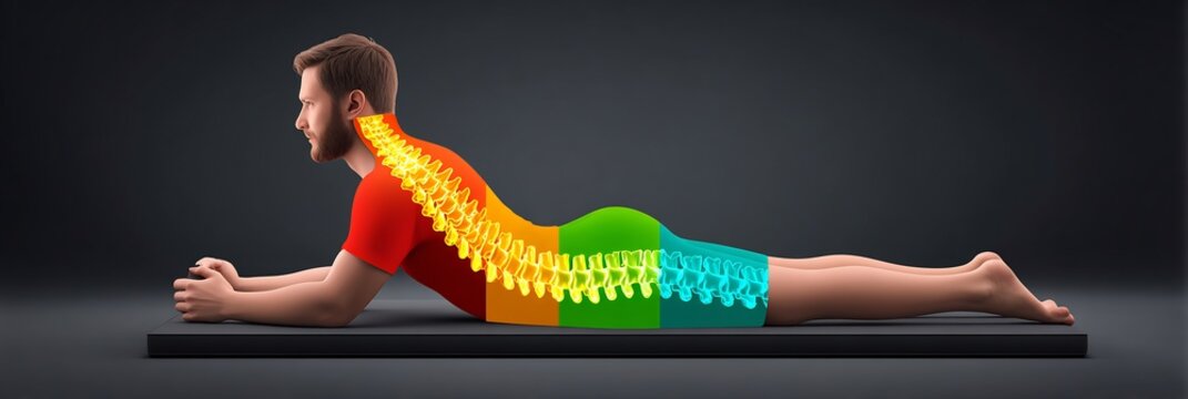 Chronic back pain sufferer doing McKenzie extensions in Chronic pain rehabilitation with a thermal map overlay illustrating reduced disc pressure