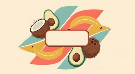 Tropical Fruit Label Frame with Coconut and Avocado