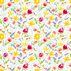 Vibrant watercolor seamless pattern with wildflowers and foliage. Ideal for textiles, wallpaper, packaging, children's apparel, and spring designs. Creates a joyful, natural mood.
