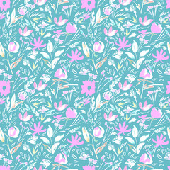 Watercolour Pink Floral Seamless Pattern, Turquoise Bloom & Leaf Repeat, Expressive Spring Garden Fabric, Vibrant Abstract Botanical Design, Modern Artistic Flower Print.