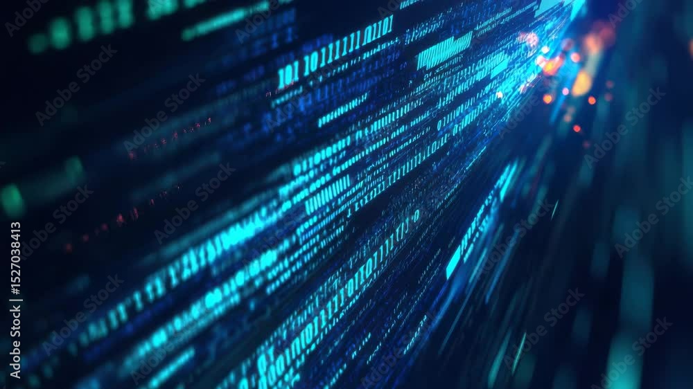 Poster A dynamic video abstract background featuring glowing blue and green programming code flowing across a dark digital surface.