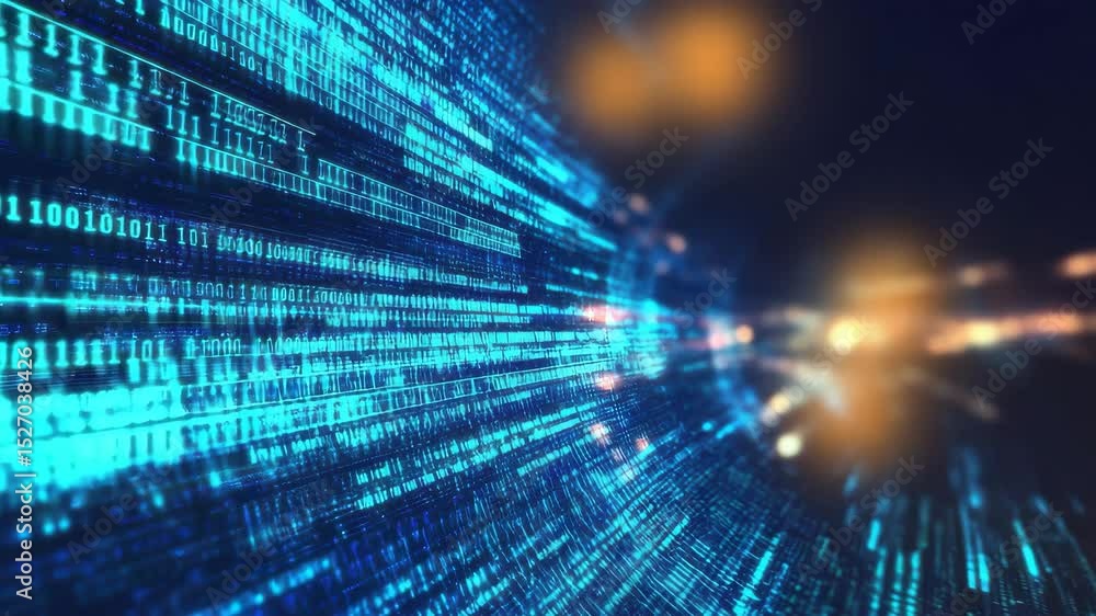 Aufkleber A dynamic video abstract background featuring glowing blue and green programming code flowing across a dark digital surface.