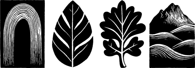 Neo folk art style elements featuring rainbow, leaves, and mountain