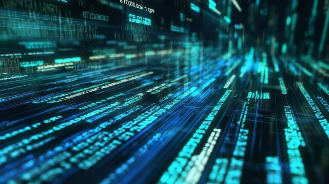 A dynamic video abstract background featuring glowing blue and green programming code flowing across a dark digital surface.