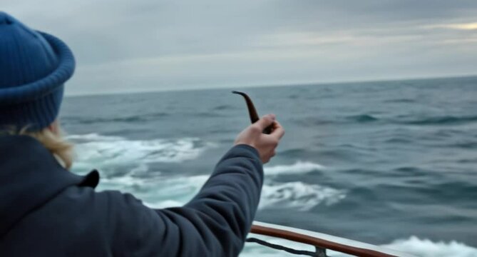 Marinero con gorra azul tejida y barba espesa apunta al mar con su pipa.