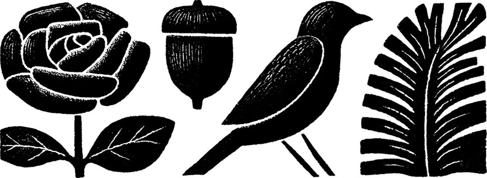 Neo folk art design featuring rose, acorn, bird, and fern elements for creative projects