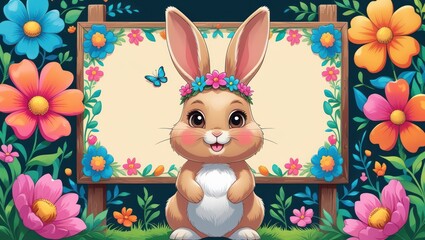 Cute bunny with flower crown in front of a signboard surrounded by flowers